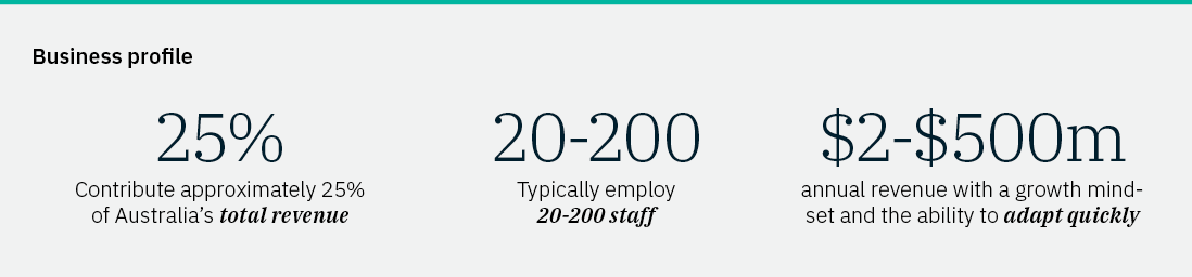 Business profile 25% 20-200 $2-$500m Contribute approximately 25% of Australia’s total revenue Typically employ 20-200 staff annual revenue with a growth mindset and the ability to adapt quickly