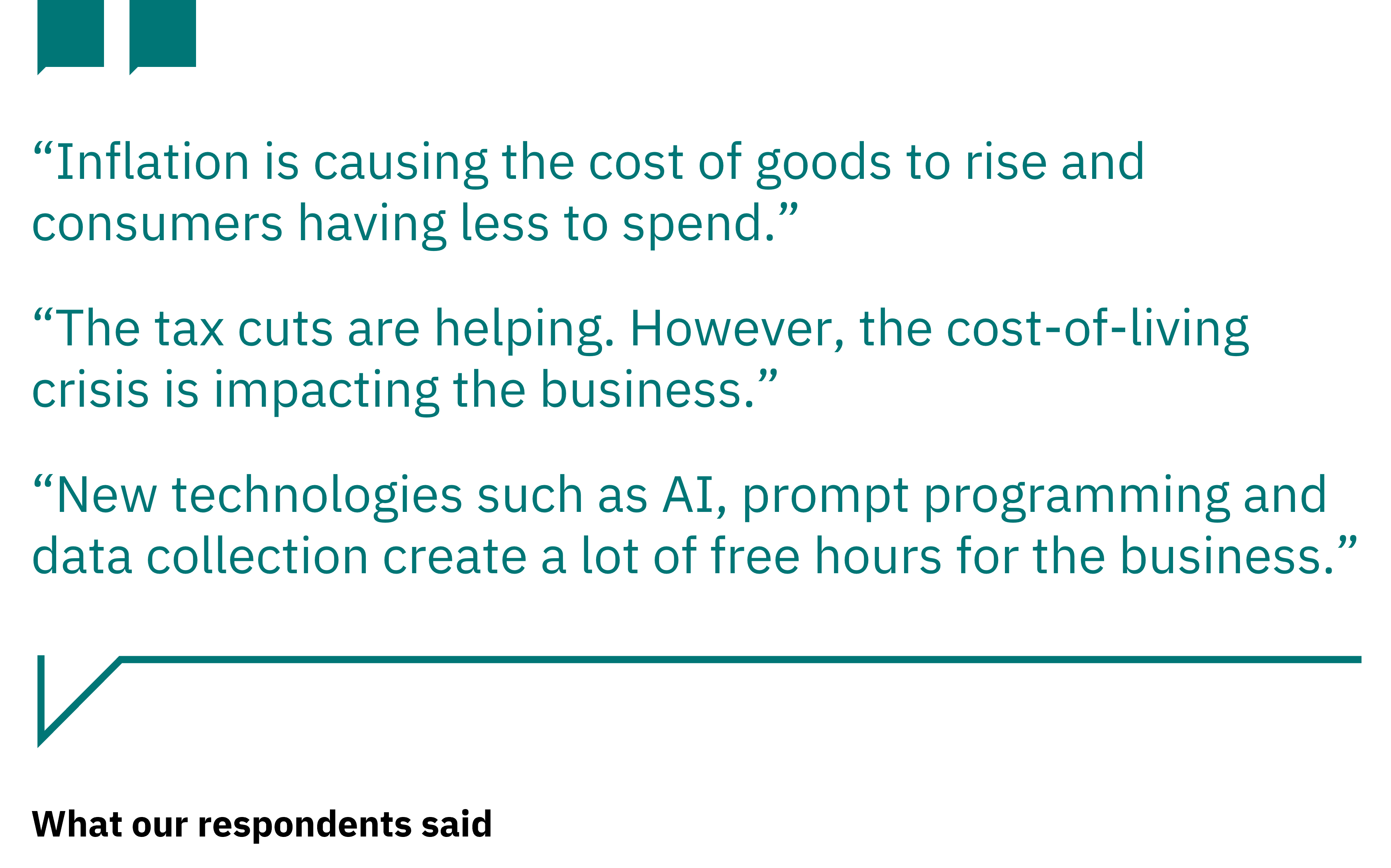 Quote tile from our respondent, that says: "Inflation is causing the cost of goods to rise and consumers having less to spend". "The tax cuts are helping. However, the cost-of-living crisis is impacting the business". "New technologies such as AI, prompt programming and data collection create a lot of free hours for the business".