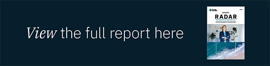 Dark blue background with white text reading 'View the full report here' and a small image of a magazine or report titled 'RADAR' featuring a person and graphical elements.