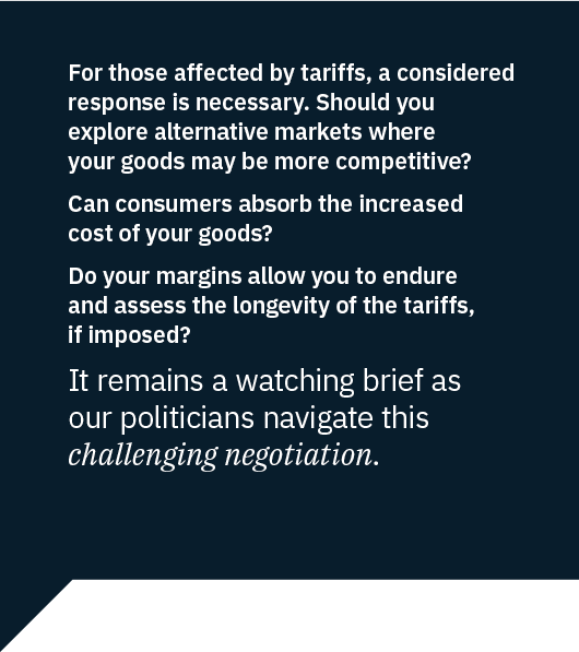 Text discussing strategic responses to tariffs, including exploring alternative markets, assessing consumer cost absorption, evaluating profit margins, and monitoring political negotiations.