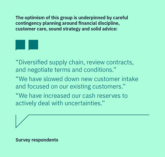 Text-based graphic featuring quotes from Business Radar survey respondents highlighting contingency planning strategies such as diversifying supply chains, focusing on existing customers, and increasing cash reserves to manage uncertainty.