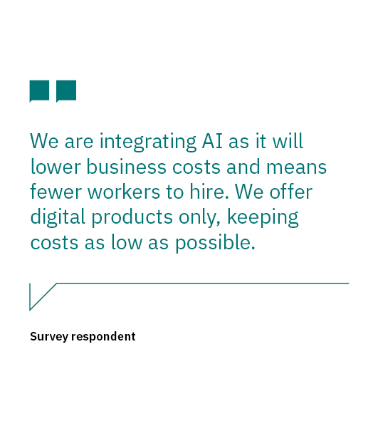 Quote tile: We are integrating AI as it will lower business costs and means fewer workers to hire. We offer digital products only, keeping costs as low as possible. Survey respondent